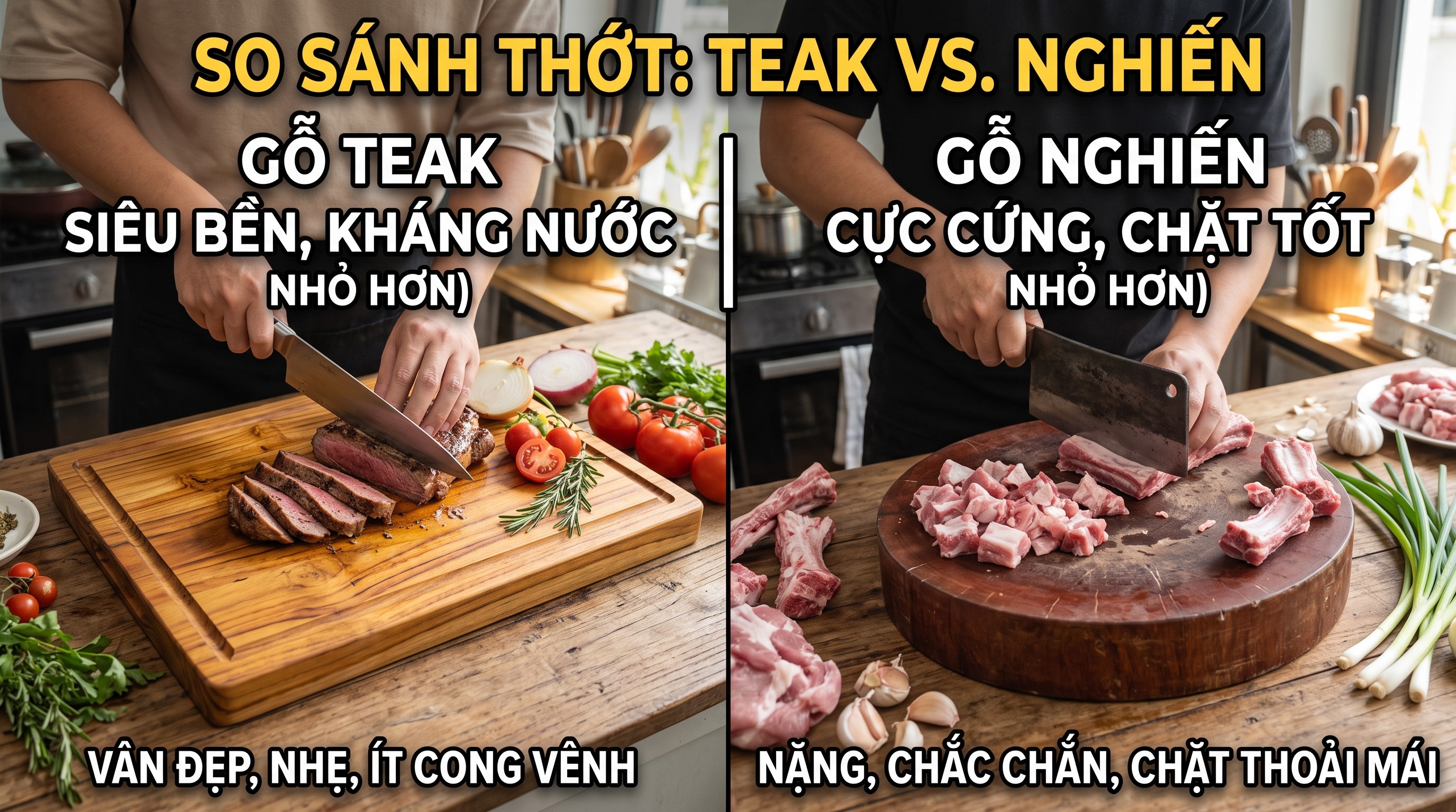 So sánh thớt gỗ Teak và gỗ Nghiến: Nên mua loại nào?