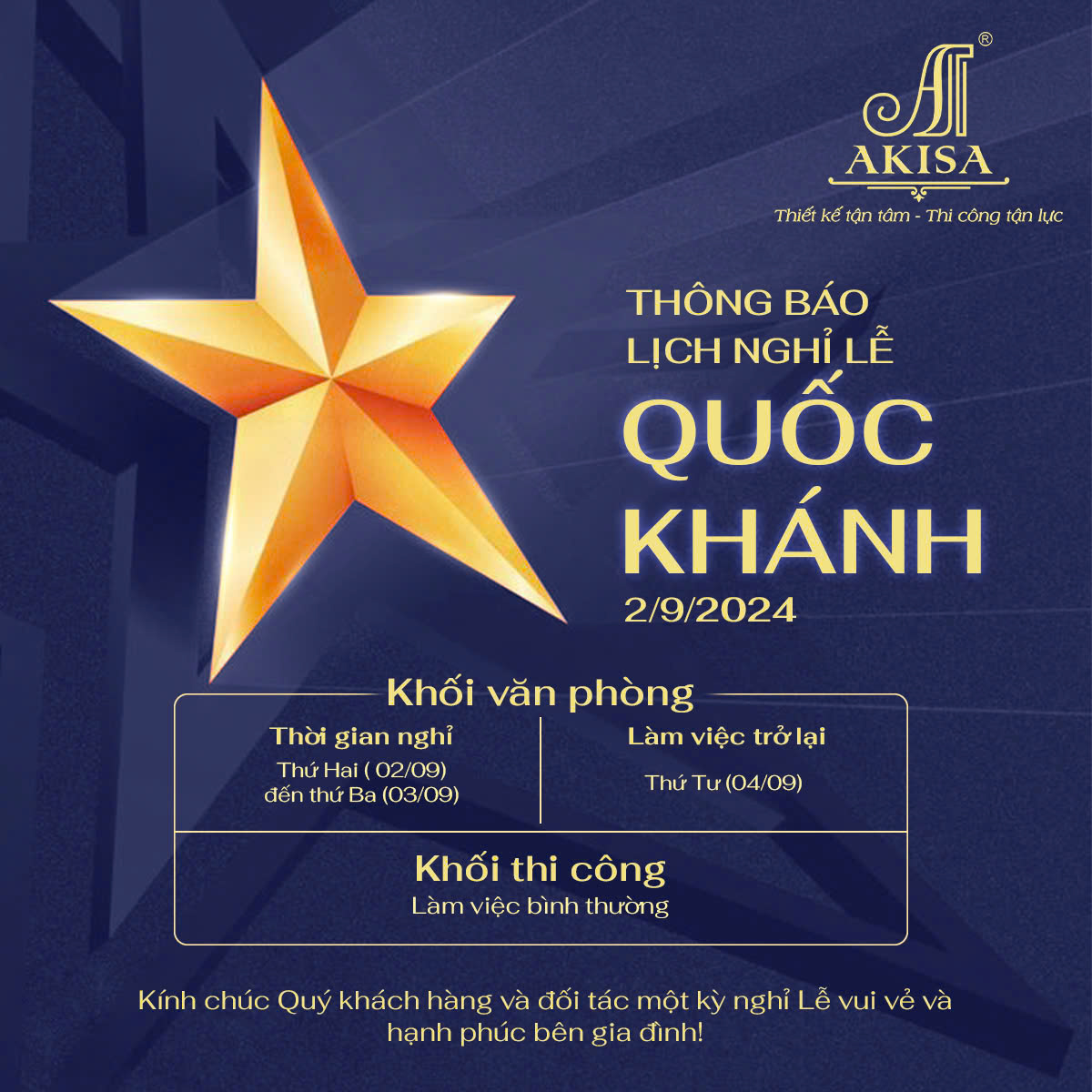 THÔNG BÁO LỊCH NGHỈ LỄ QUỐC KHÁNH 2/9 năm 2024