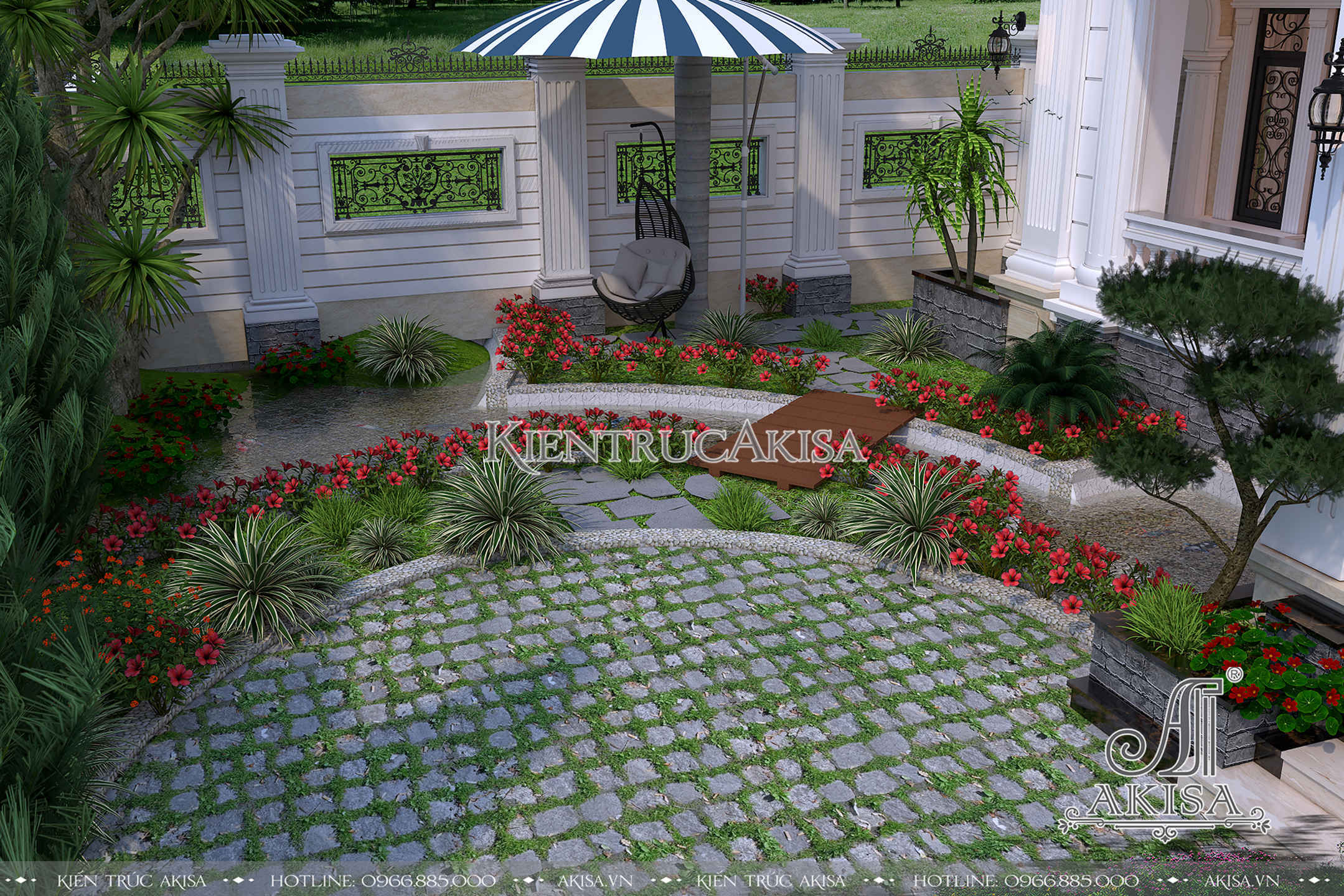 Một góc sân vườn được thiết kế kết hợp với hoa cỏ mang lại cảm giác tươi mới