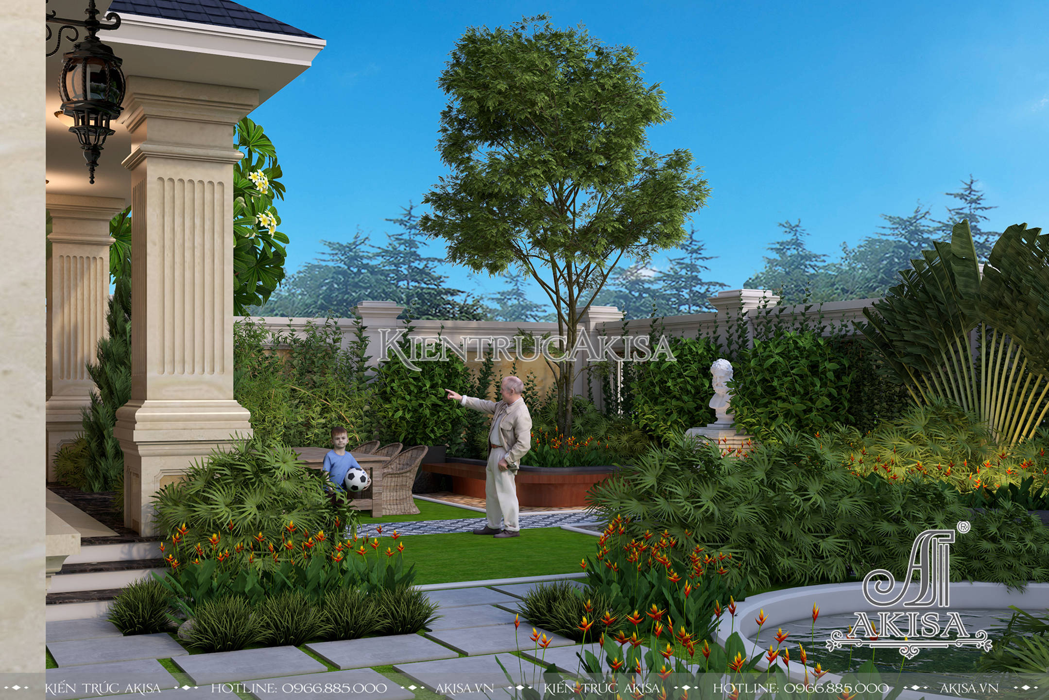 Thiết kế sân vườn biệt thự 180m2 đẹp hoàn mỹ với hồ nước - đường dạo - vườn hoa - thảm cỏ được bố trí một cách khoa học