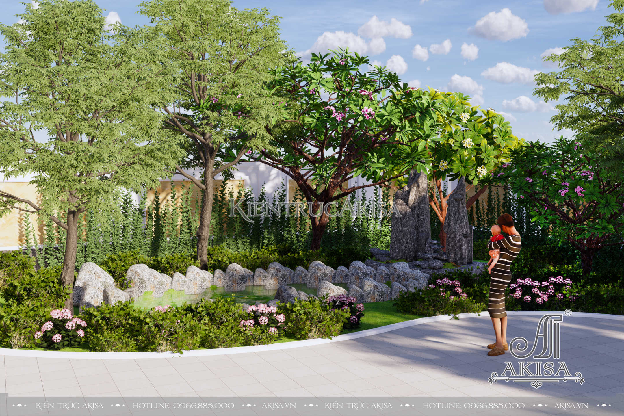 Không gian sân vườn được thiết kế với nhiều cây xanh kết hợp với hòn non bộ tạo nên cảnh quan đẹp mắt, sinh động