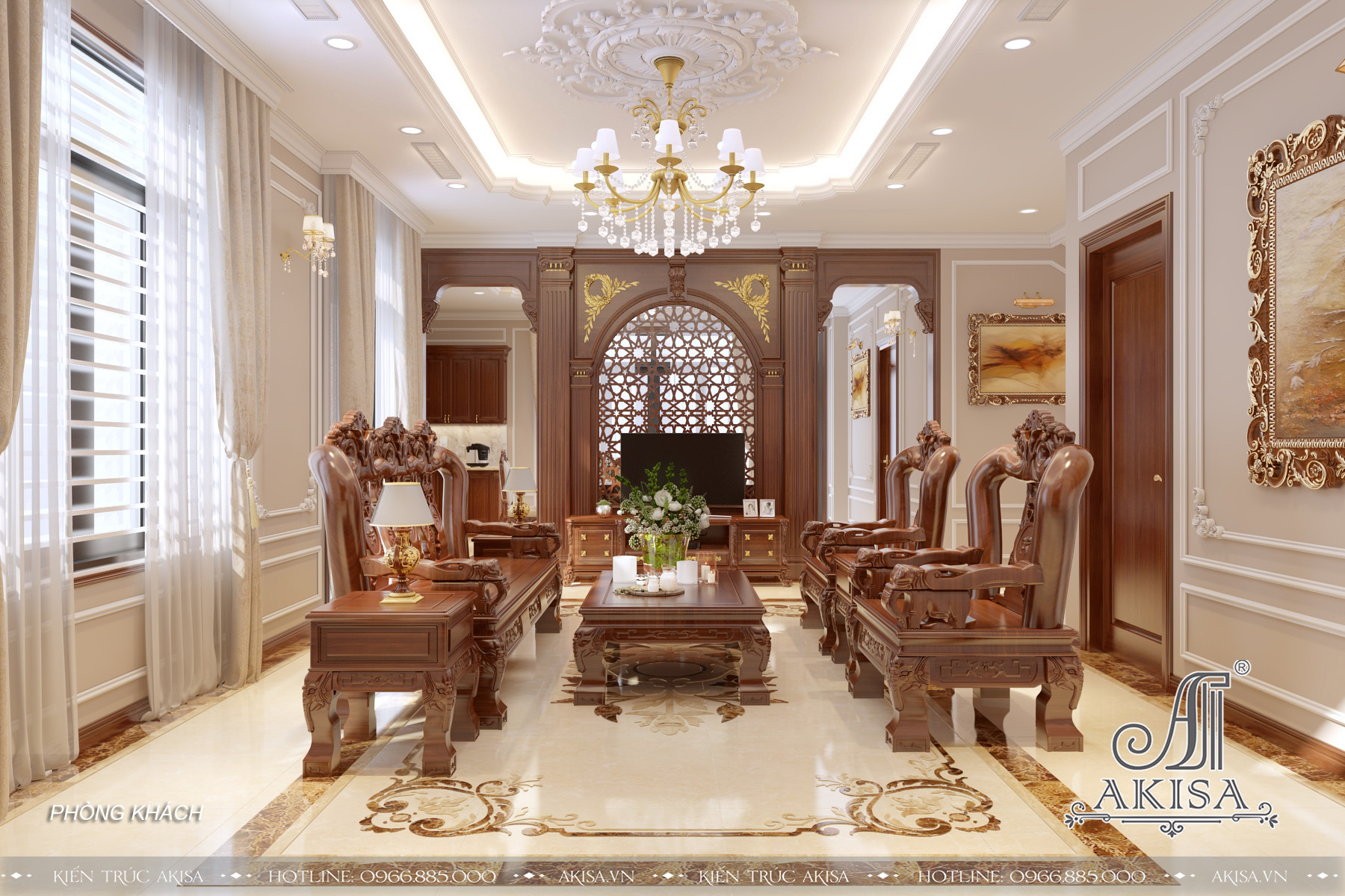 Phòng khách thiết kế theo phong cách tân cổ điển với nội thất bằng gỗ tự nhiên cao cấp sang trọng, đẳng cấp