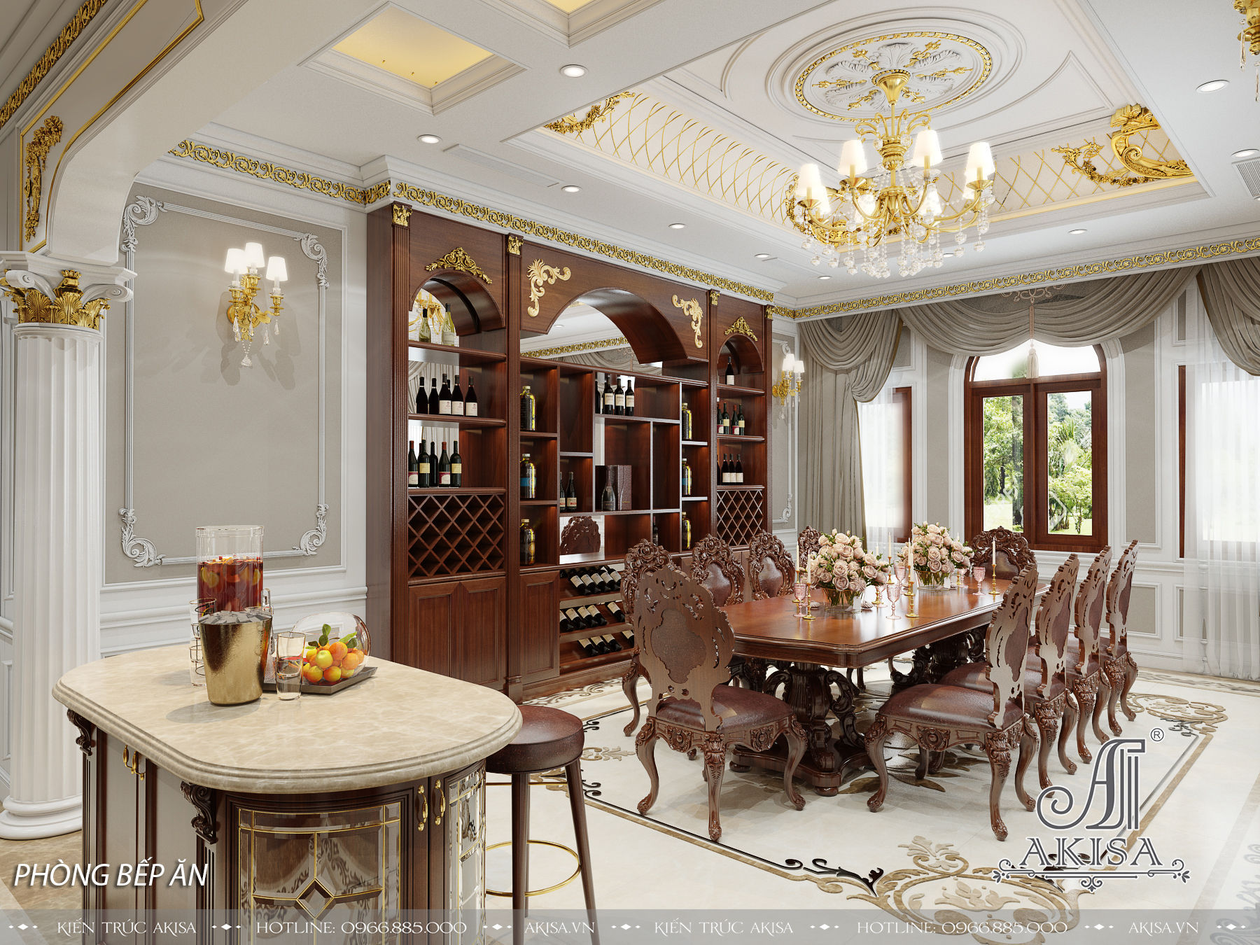 Thiết kế nội thất phòng bếp kết hợp phòng ăn của biệt thự phong cách cổ điển