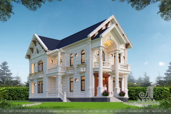 Bản thiết kế nhà biệt thự 2 tầng tân cổ điển mái Thái mặt tiền 9m (CĐT: ông Mai - Nam Định) BT22463