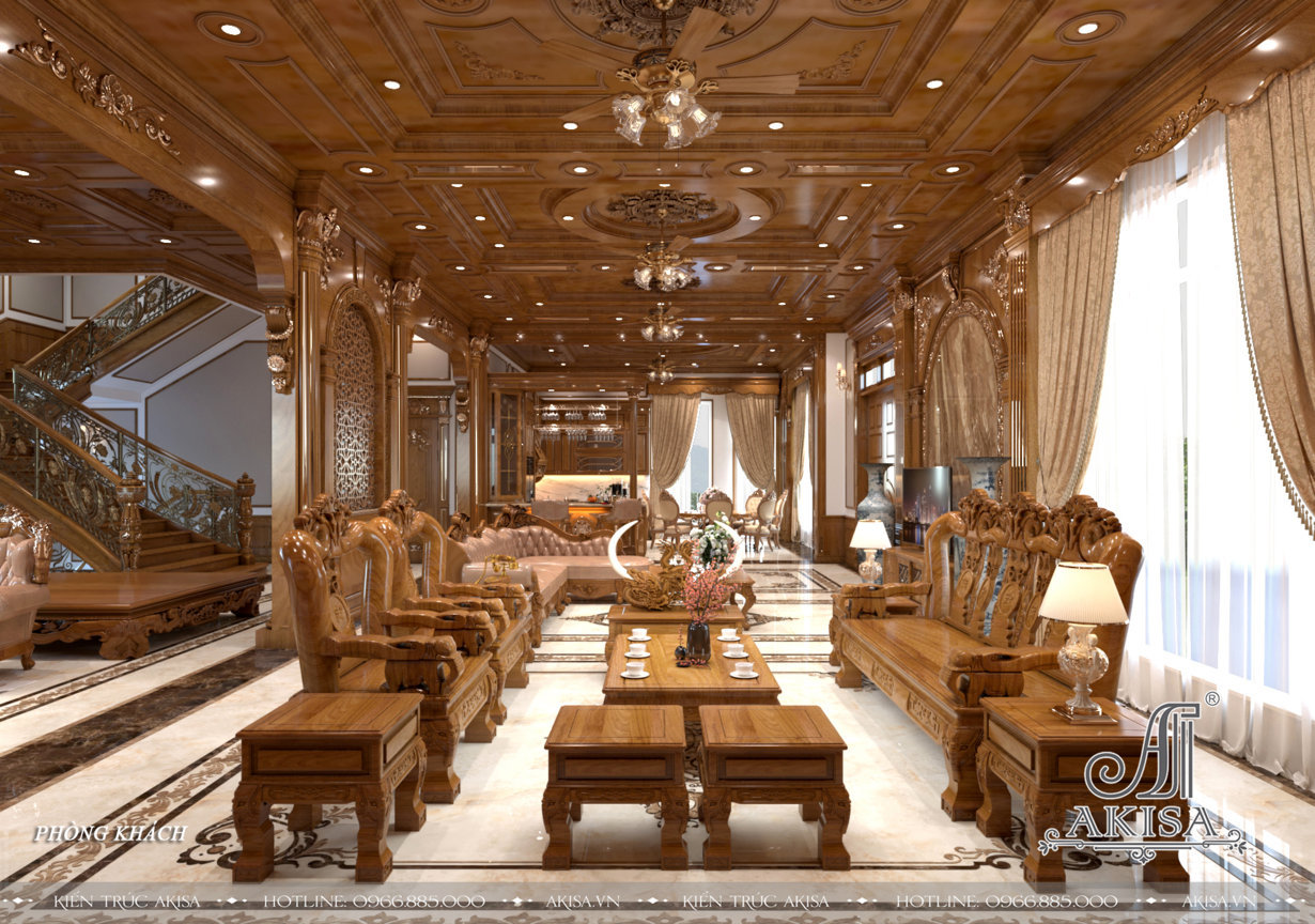 Phòng khách tạo ấn tượng với các thiết kế bằng gỗ tự nhiên như trần, tường, bàn ghế mang đến vẻ đẹp sang trọng, cao cấp cho căn phòng khách