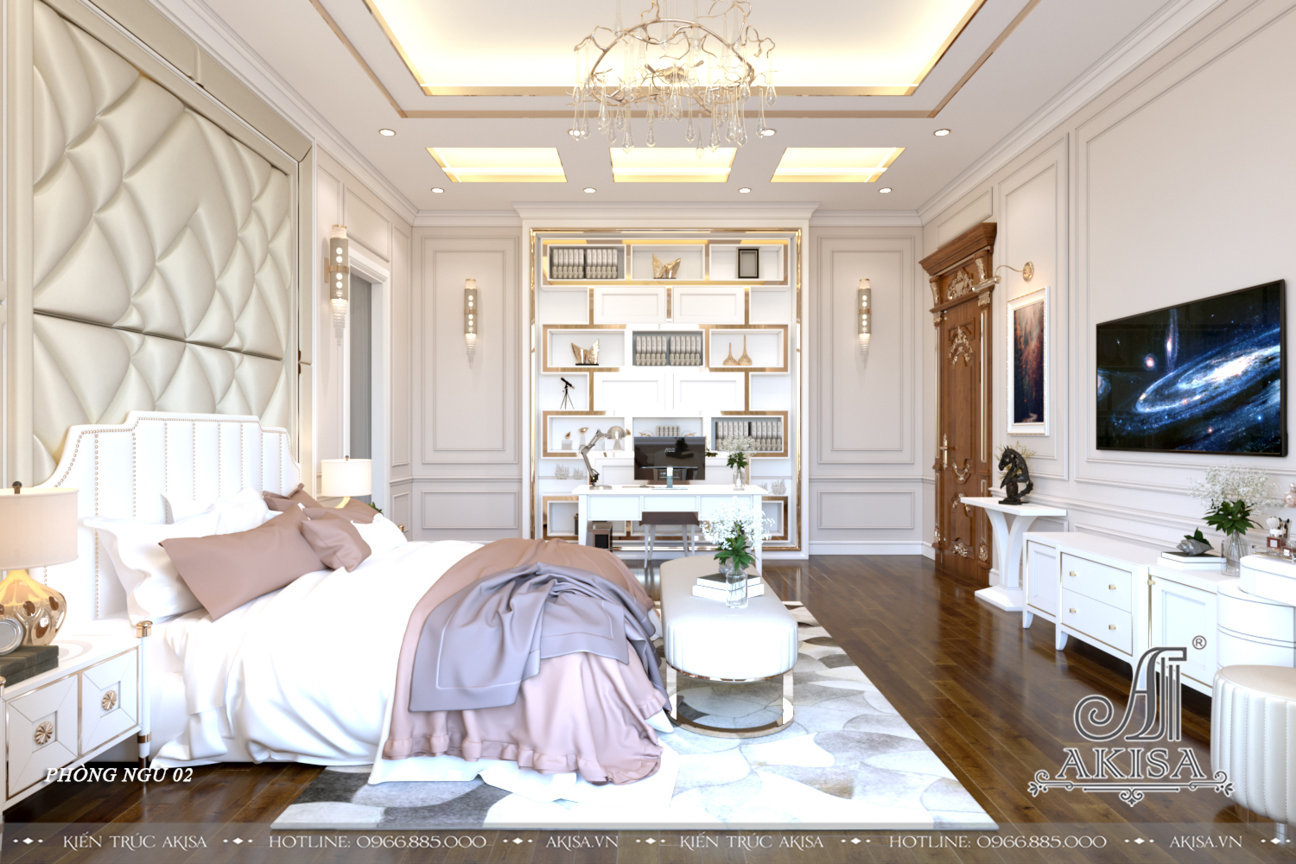 Phòng ngủ sử dụng gam màu trắng trang nhã, kết hợp với đồ nội thất thiết kế đơn giản mang lại vẻ đẹp thanh lịch, nhã nhặn