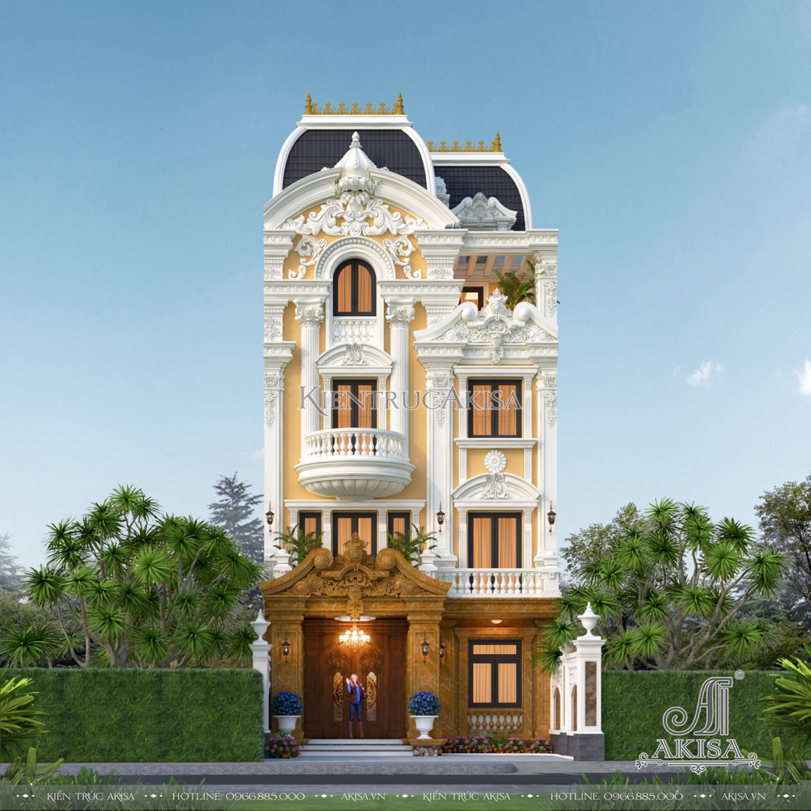 Sự kết hợp với màu vàng hoàng gia khiến thiết kế biệt thự Pháp tại Hà Nội thêm hoành tráng và ấn tượng