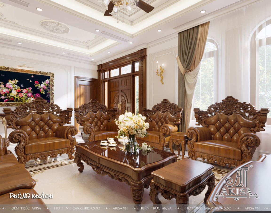 Phòng khách sử dụng tông màu trắng sang trọng làm chủ đạo nổi bật màu nâu của gỗ tự nhiên