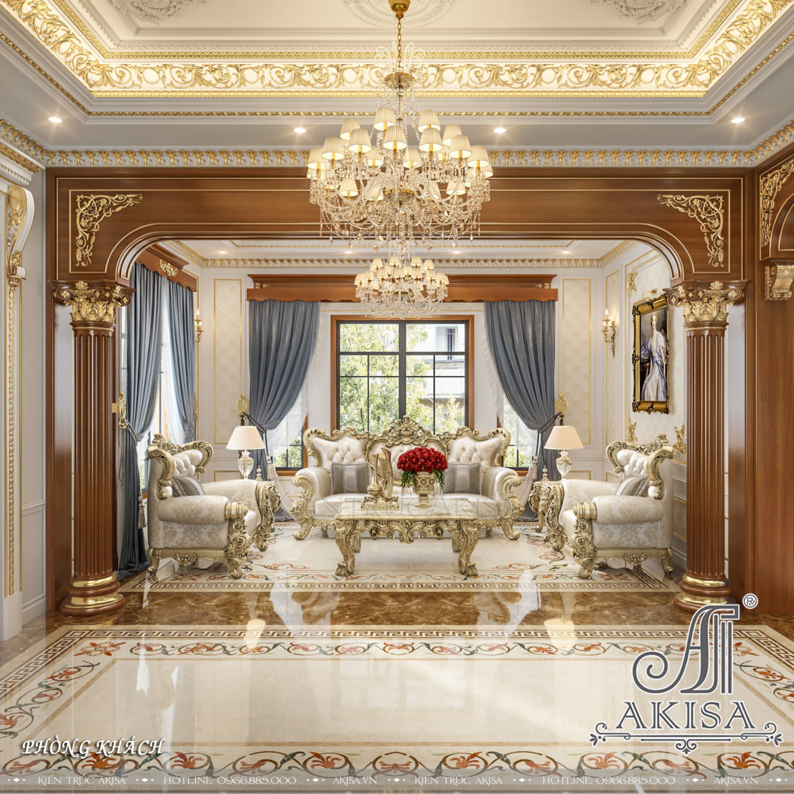 Sử dụng gam màu trắng kem kết hợp các họa tiết trang trí mạ vàng nơi diện tường, thức cột, bàn, ghế sa lông mang đến vẻ đẹp sang trọng lộng lẫy cho phòng khách