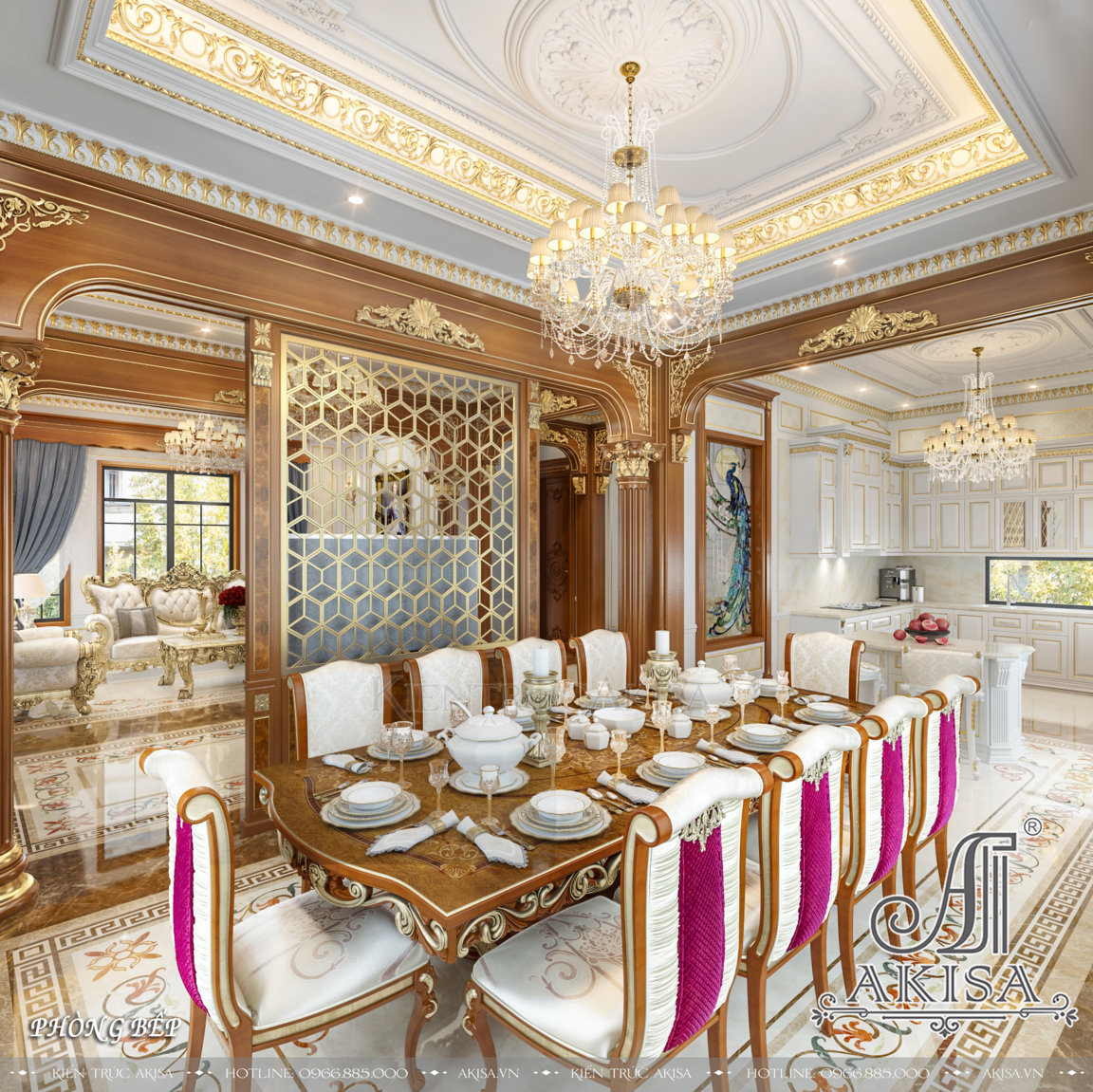 Phòng ăn được thiết kế đồng bộ, có sự kết nối phòng khách mang đến vẻ đẹp vương giả, lộng lẫy