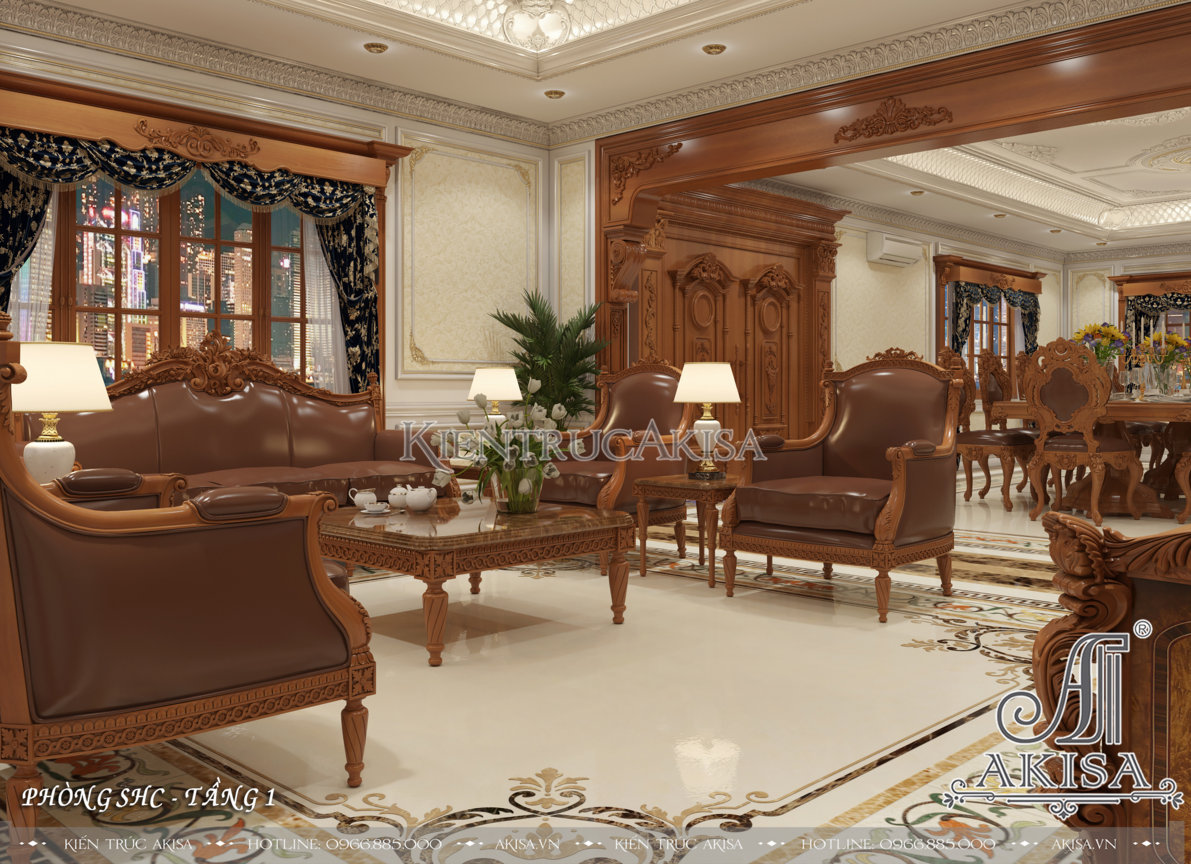 Mẫu nội thất phòng khách tân cổ điển gỗ gõ đỏ (CĐT: ông Quân - Quảng Ninh) NT32621