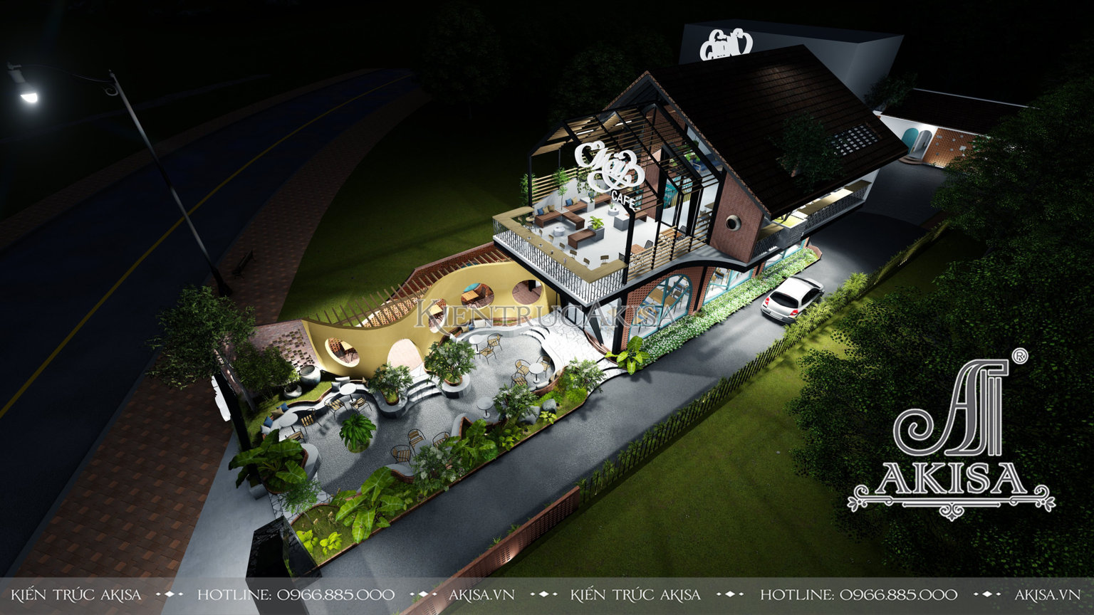 Thiết kế quán cafe sân vườn hiện đại 2 tầng (CĐT: ông Tuấn - Vĩnh Phúc) KT21751