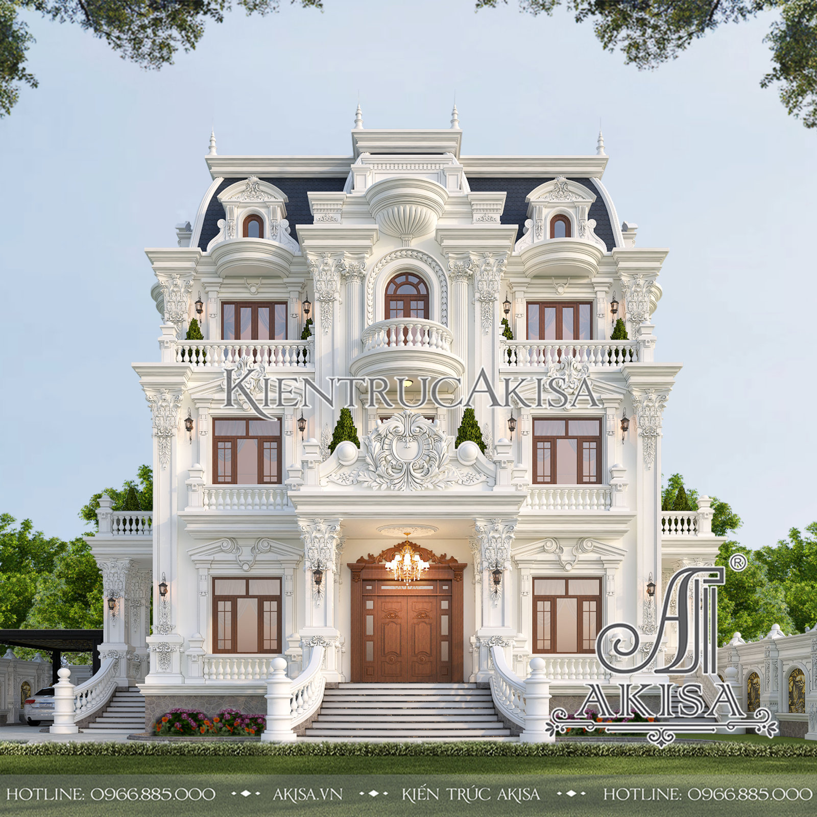 Mặt tiền biệt thự cổ điển 3 tầng kiểu Pháp được thiết kế đăng đối, uy nghi, tráng lệ