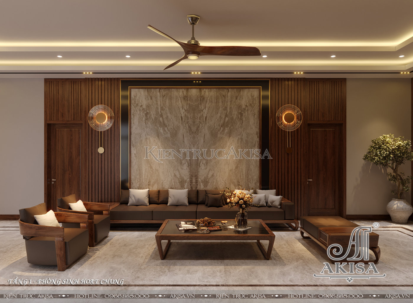 Thiết kế nội thất biệt thự 1 tầng gỗ óc chó hiện đại (CĐT: ông Đạt - Hậu Giang) NT12896