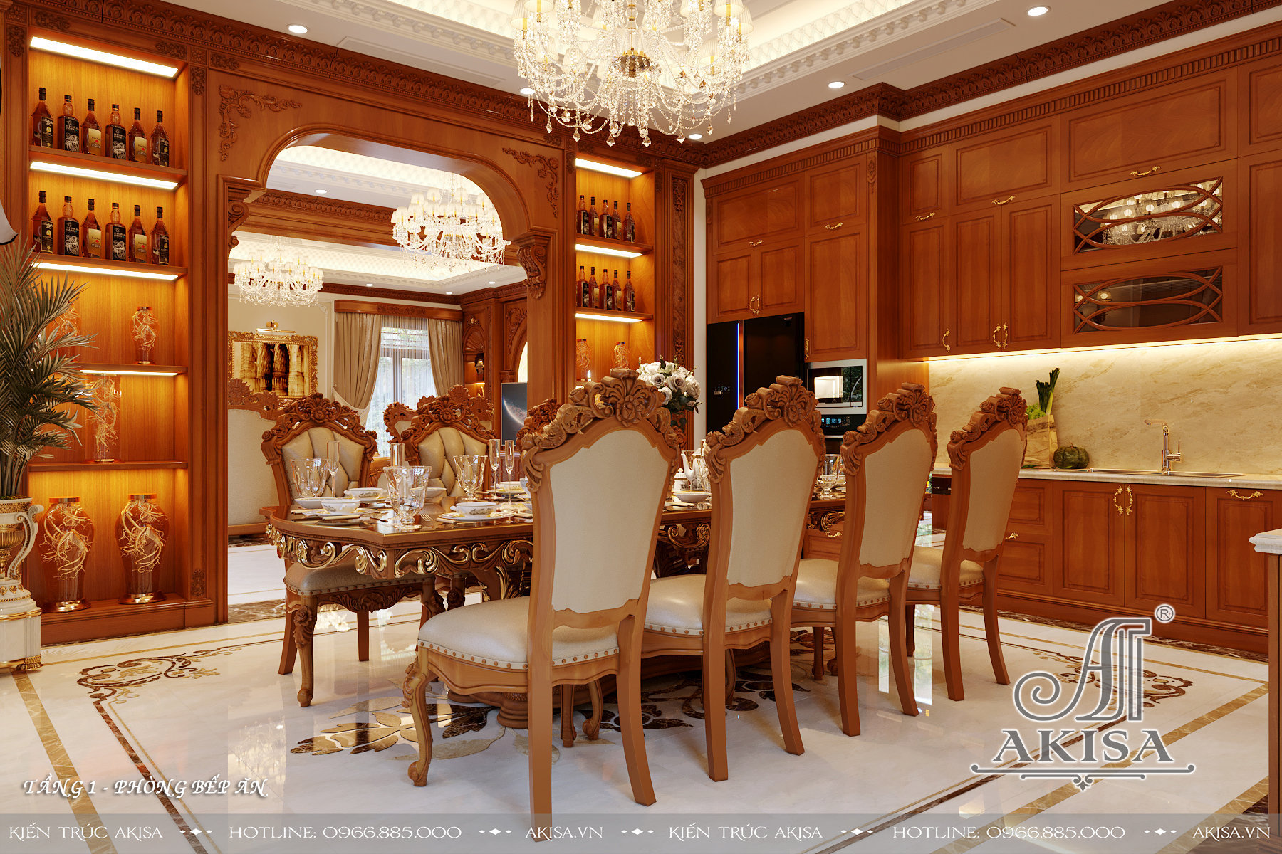 Mẫu nội thất phòng khách bếp tân cổ điển gỗ gõ đỏ đẹp đẳng cấp (CĐT: ông Sinh - Thái Nguyên) NT12294