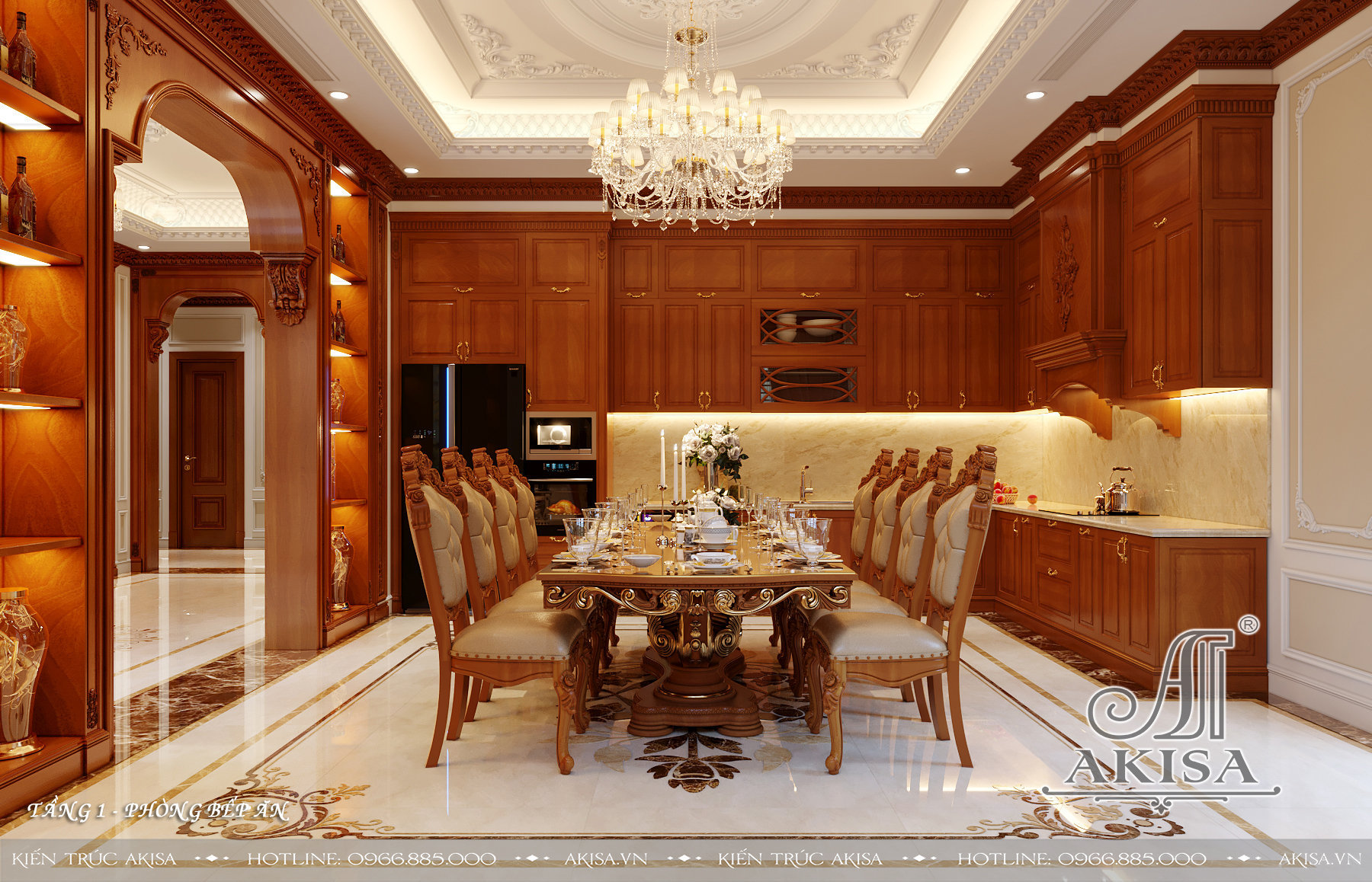 Mẫu nội thất phòng khách bếp tân cổ điển gỗ gõ đỏ đẹp đẳng cấp (CĐT: ông Sinh - Thái Nguyên) NT12294