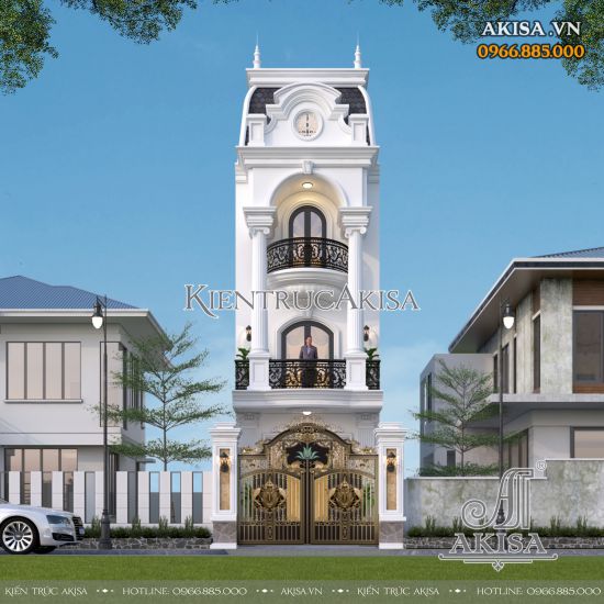 Thiết kế nhà đẹp 3 tầng mặt tiền 4.5m kiến trúc tân cổ điển sang trọng (CĐT: bà Sương - Đắk Lắk) NP321005