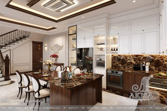 Thiết kế nội thất phòng khách bếp tân cổ điển nhẹ nhàng (CĐT: ông Xuân Anh - Thanh Hóa) NT12314