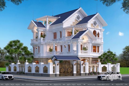 Ấn tượng thiết kế biệt thự tân cổ điển 3 tầng mái Thái 2 mặt tiền (CĐT: ông Khải - Vĩnh Phúc) BT32273