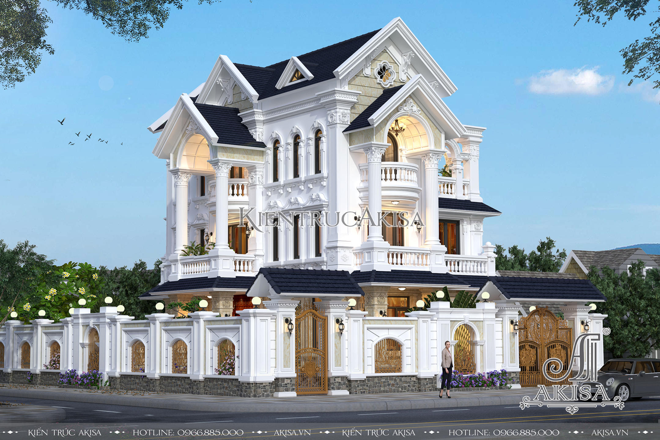 Thiết kế biệt thự 3 tầng mái Thái 2 mặt tiền tân cổ điển đẹp (CĐT: ông Hùng - Hưng Yên) BT32262