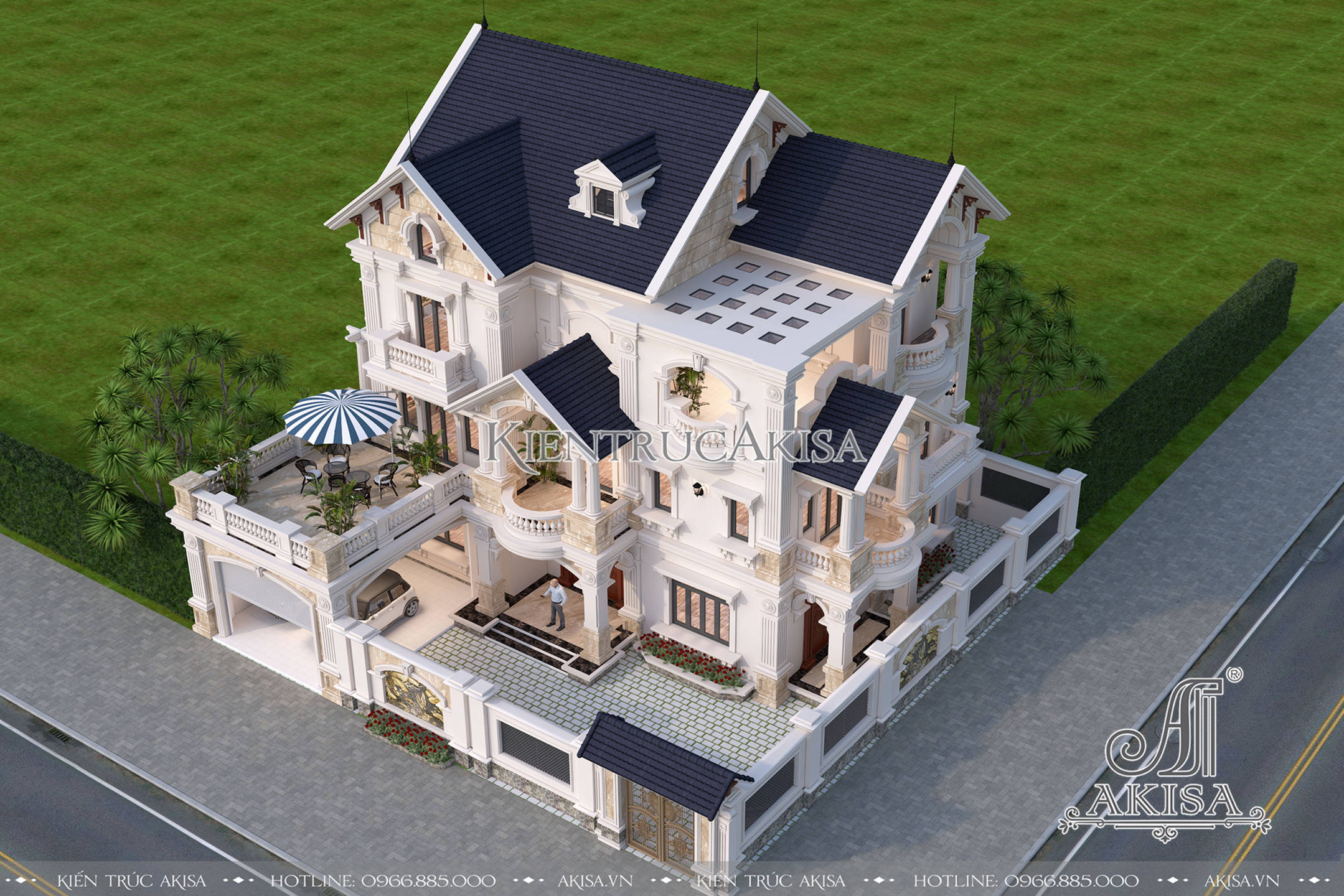 Thiết kế biệt thự mái Thái 3 tầng tân cổ điển 2 mặt tiền (CĐT: ông Đức - Thanh Hóa) BT32274