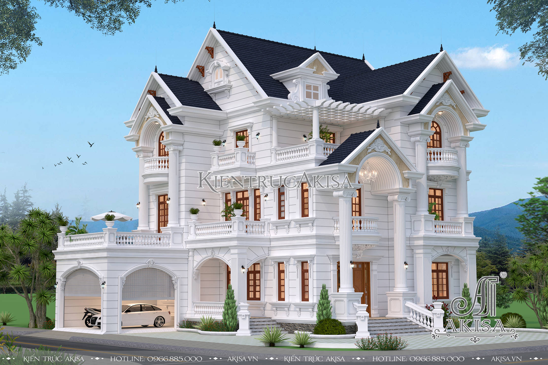Thiết kế biệt thự 3 tầng mái Thái 2 mặt tiền tân cổ điển đẹp CĐT ông Hùng   Hưng Yên BT32262