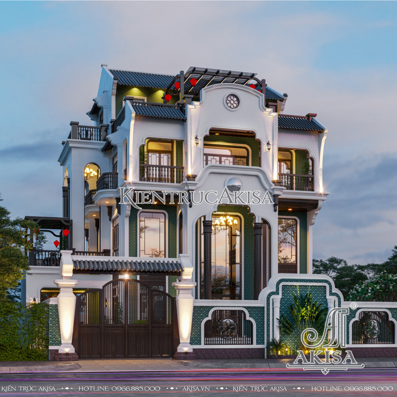 Thiết kế biệt thự kiến trúc Indochine 3 tầng đẹp ấn tượng tại Hà Nội