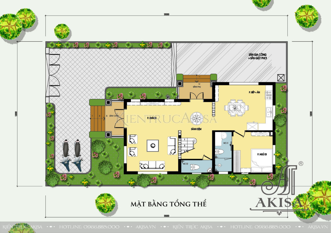 Mặt bằng tổng thể công trình biệt thự 2 tầng mái Nhật phong cách tân cổ điển
