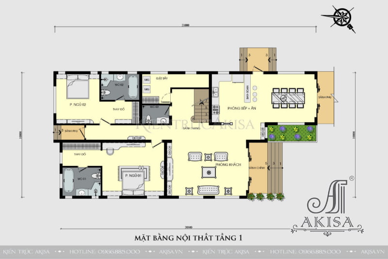 Mặt bằng tầng 1 của mẫu biệt thự hiện đại 2 tầng diện tích 10x20m tại Lâm Đồng