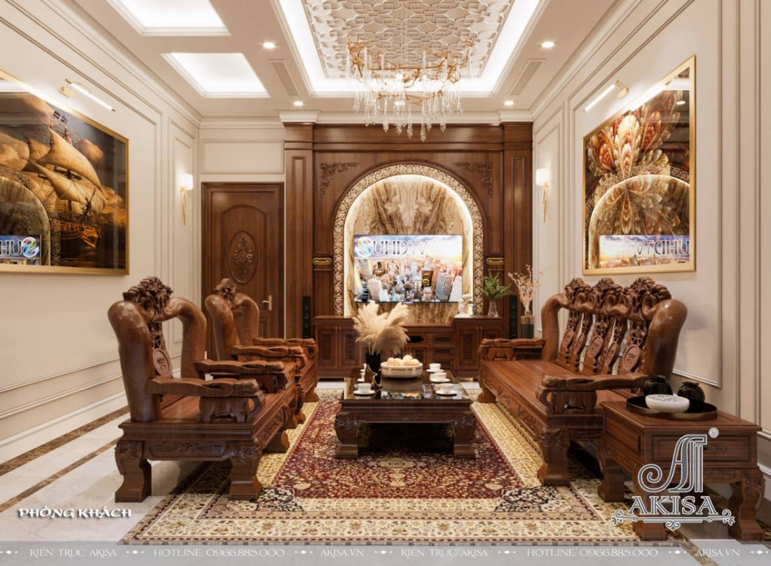Phòng khách thiết kế nội thất tân cổ điển sử dụng chất liệu gỗ tự nhiên cao cấp làm chủ đạo,  thể hiện gu thẩm mỹ và vị thế của gia chủ