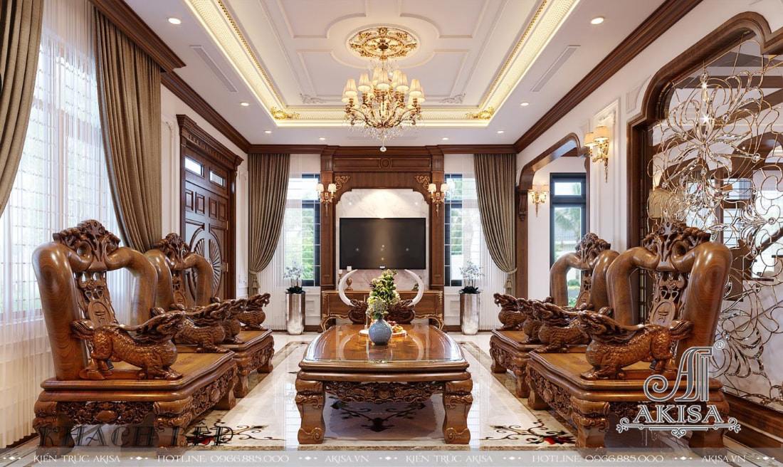 Nội thất phòng khách sang trọng, sử dụng chất liệu gỗ tự nhiên cao cấp mang đến vẻ đẹp sang trọng, khẳng định vị thế của gia chủ
