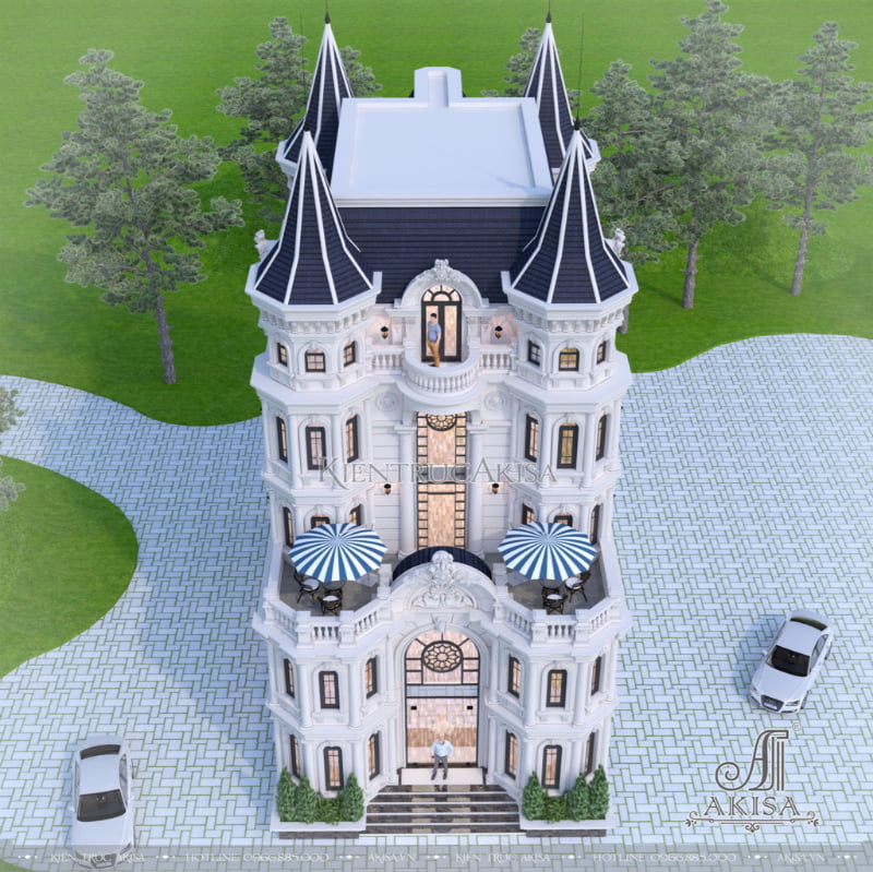 Phối cảnh biệt thự lâu đài 5 tầng phong cách Pháp từ trên cao vô cùng bề thế nhờ việc kết hợp mái Mansard với mái chóp, tạo nên một tổng thể kiến trúc vô cùng mới lạ, độc đáo và đầy nghệ thuật.