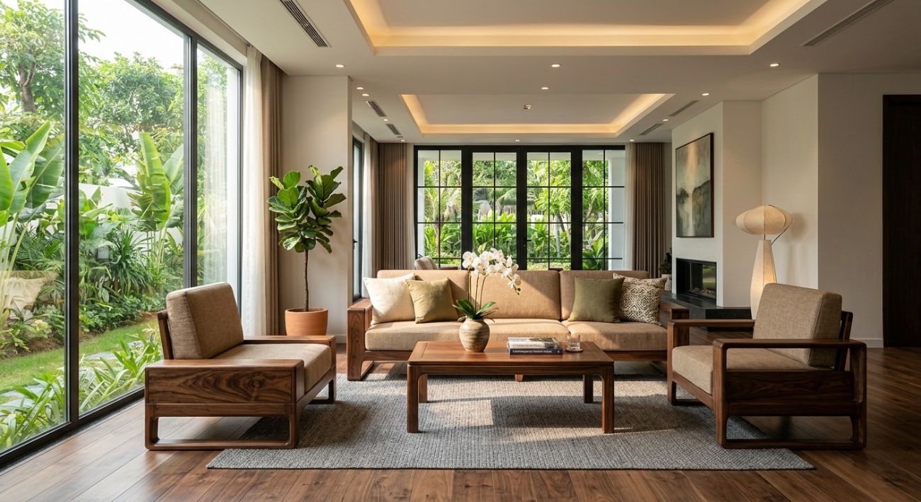 Giải pháp thiết kế ánh sáng thông minh giúp tôn lên vẻ đẹp uy quyền của gỗ óc chó mà không làm không gian bị chìm màu. (Ảnh: Sưu tầm internet)
