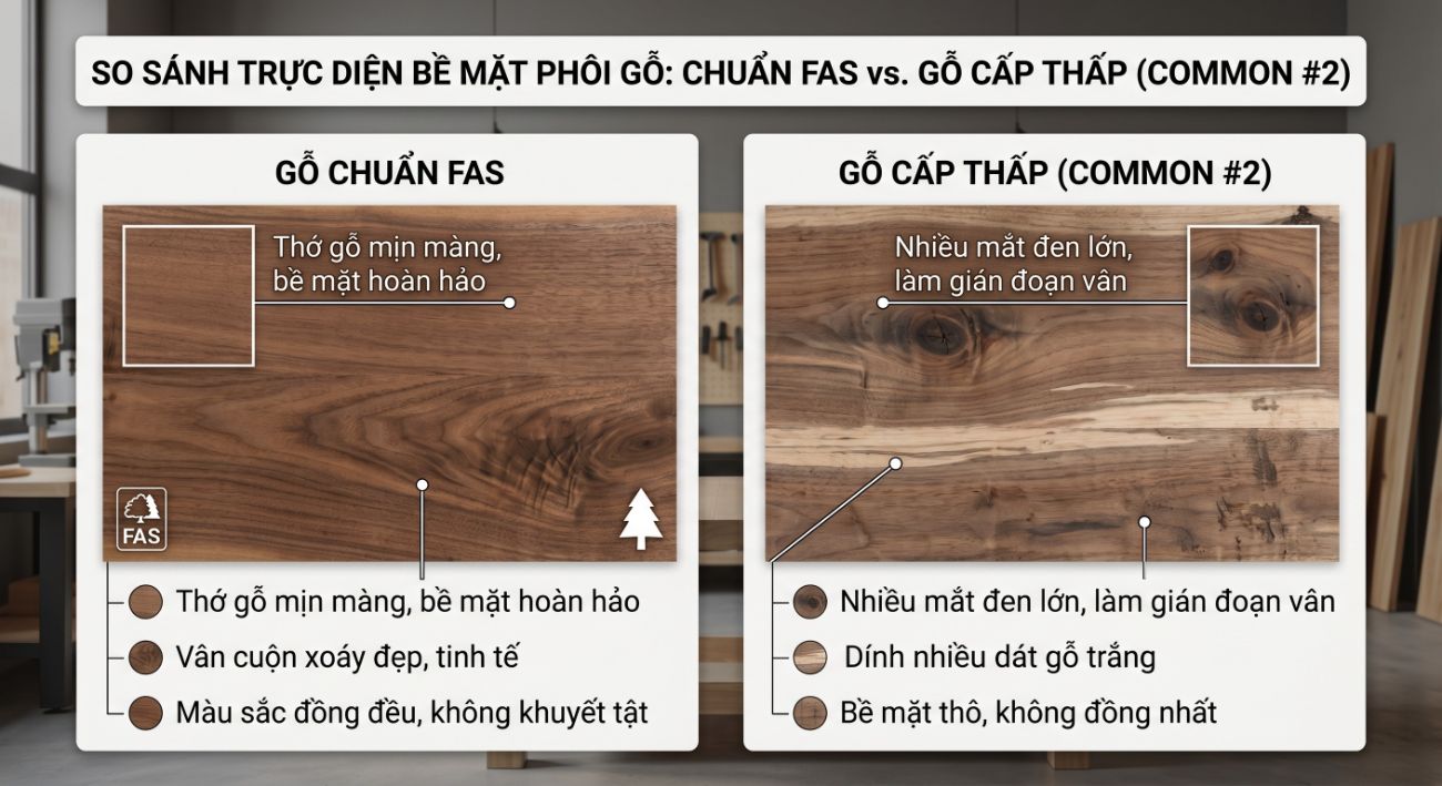 Bảng so sánh chất lượng các loại gỗ óc chó: Hãy chọn tiêu chuẩn FAS cho biệt thự của bạn.  (Ảnh: Sưu tầm internet)