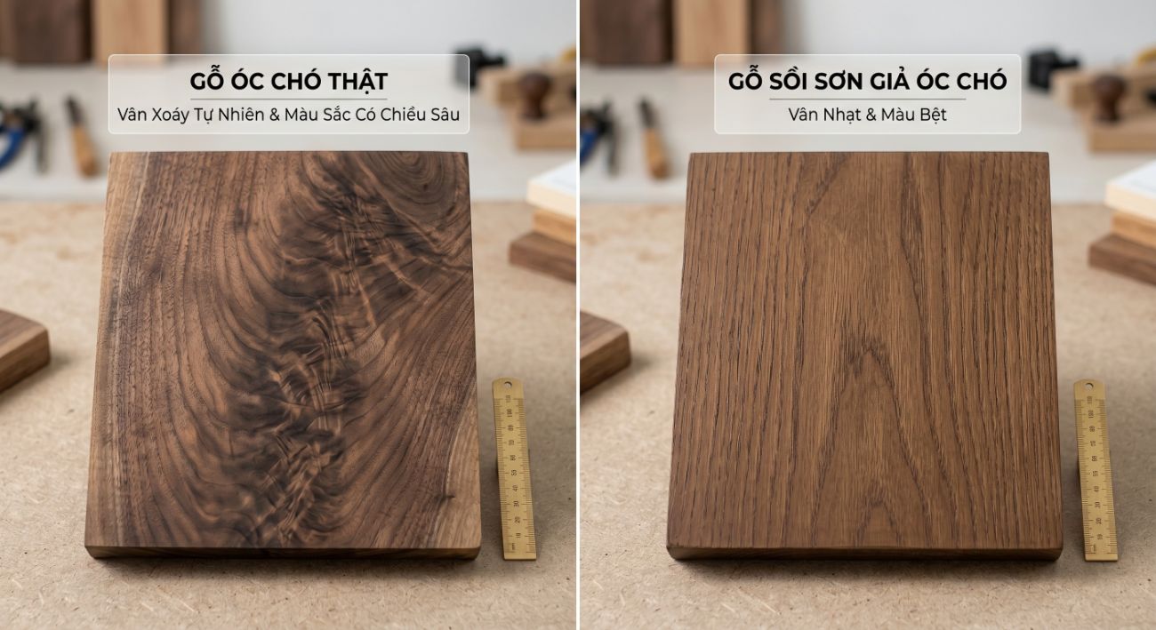 Sự khác biệt rõ rệt giữa gỗ óc chó tự nhiên và gỗ sơn màu giả óc chó qua góc nhìn chuyên gia. (Ảnh: Sưu tầm internet)