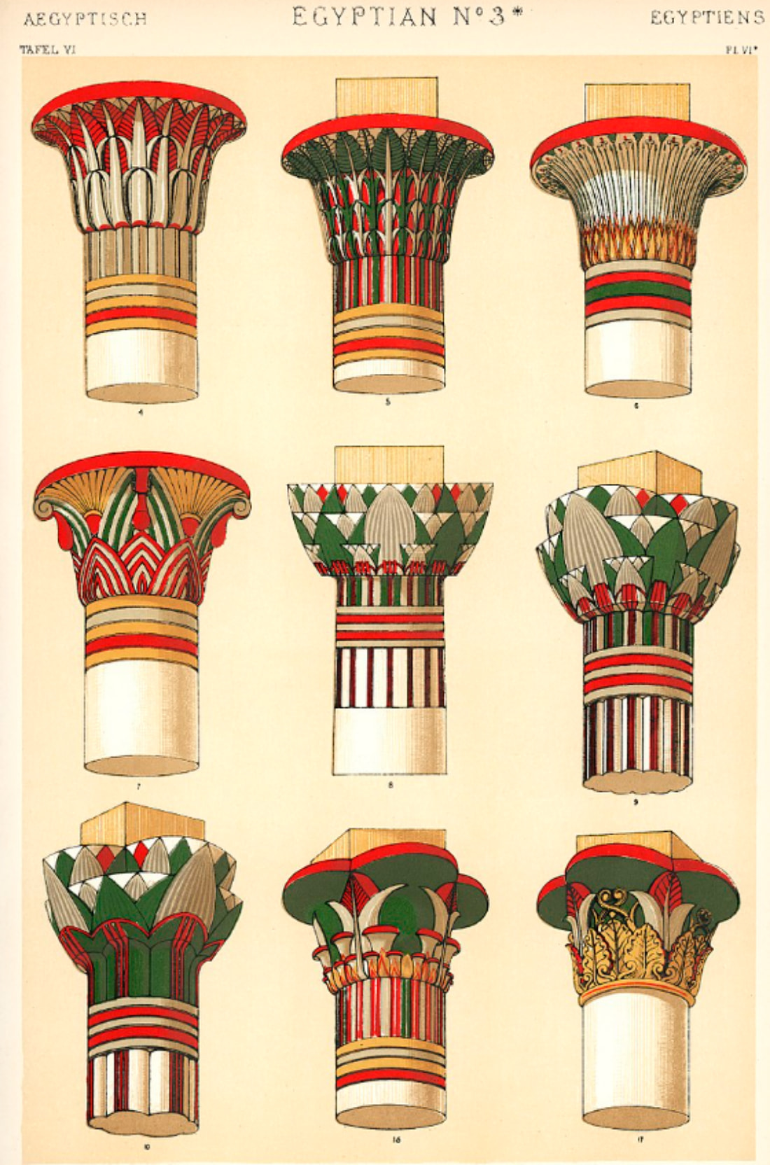 Hình ảnh mô phỏng một số thức cột trong kiến trúc Ai Cập cổ đại
