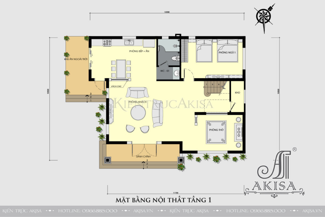 Mặt bằng công năng tầng 1 của nhà mái bằng 2 tầng 4 phòng ngủ thể hiện sự phân bố khoa học, hợp lý các không gian chức năng của căn nhà