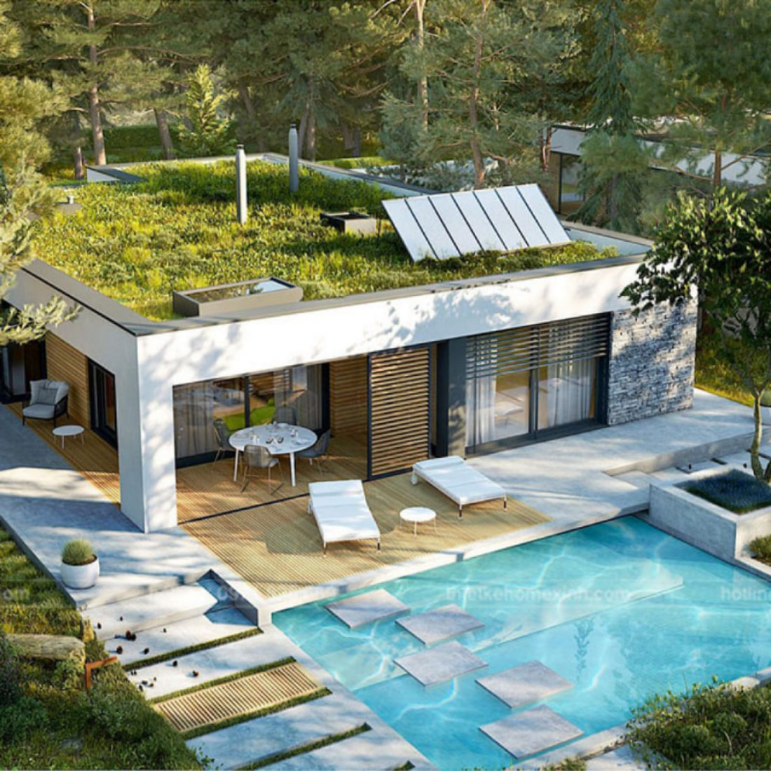 Bể bơi ngoài trời thiết kế độc đáo tạo nên không gian thư giãn, giải trí lý tưởng cho cả gia đình đồng thời góp phần tô điểm cho vẻ đẹp của ngôi nhà 1 tầng mái bằng hiện đại