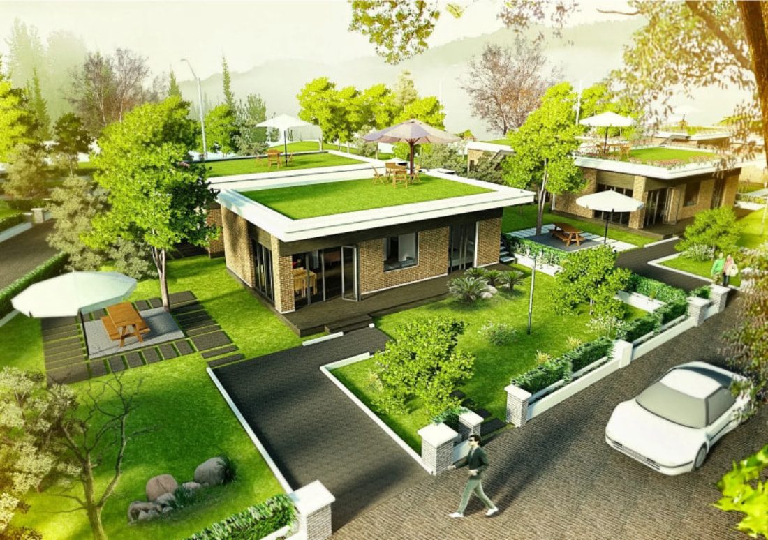 Mẫu nhà 1 tầng mái bằng xanh gây ấn tượng bởi gam màu xanh tươi mát đến từ thảm cỏ và những cây xanh