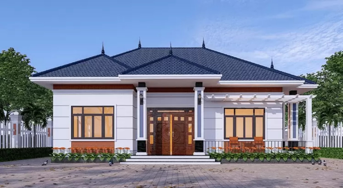Ngoại thất ngôi nhà sử dụng các gam màu nhẹ nhàng trung tính làm nổi bật lên hệ mái Nhật giật cấp sang trọng và bề thế