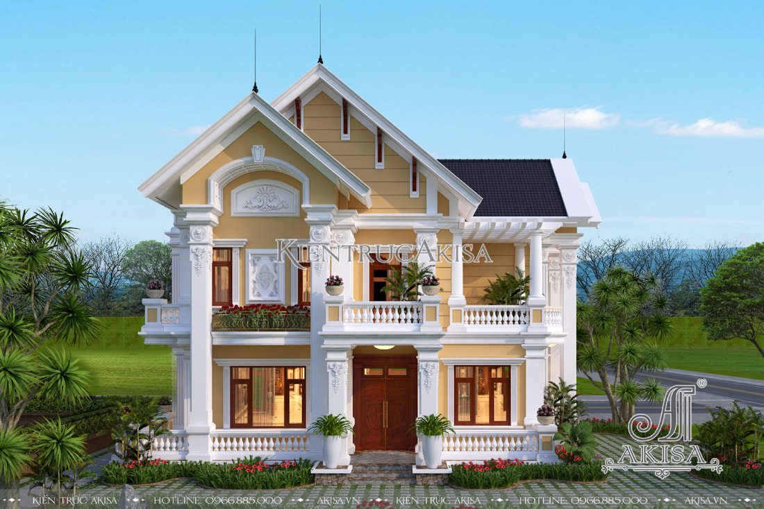Mẫu nhà 2 tầng mái Thái khoác lên mình tone màu vàng sang trọng mang đến vẻ đẹp hoài cổ đặc trưng của kiến trúc Pháp