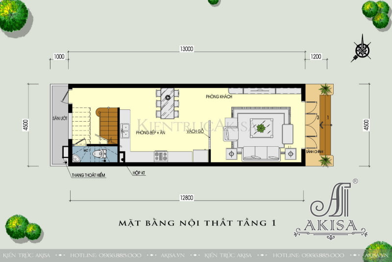 Tầng 1 bố trí phòng khách liên thông với phòng bếp ăn, kết hợp vách gỗ tinh tế tạo nên không gian rộng rãi.