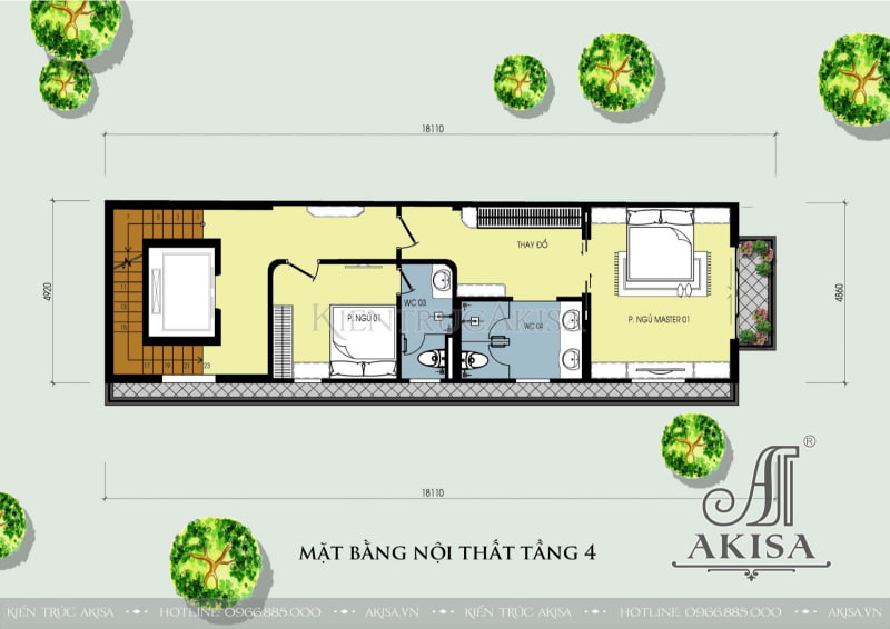 Mặt bằng công năng tầng 4 mẫu nhà phố 6 tầng với thiết kế 2 phòng ngủ đảm bảo không gian sinh hoạt riêng tư nhưng thoải mái, thuận tiện của gia chủ