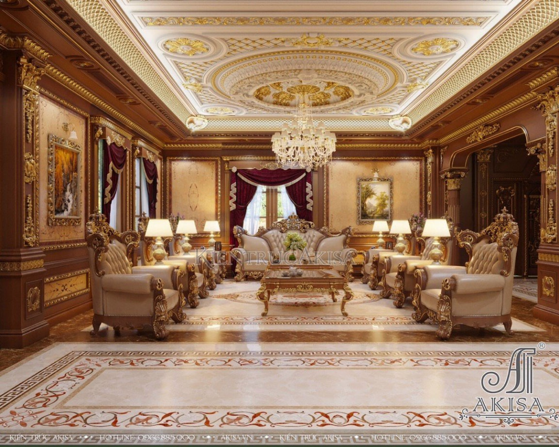 Không gian phòng khách sang trọng ghi dấu ấn bằng các chi tiết nội thất dát vàng khẳng định vị thế hoàng gia