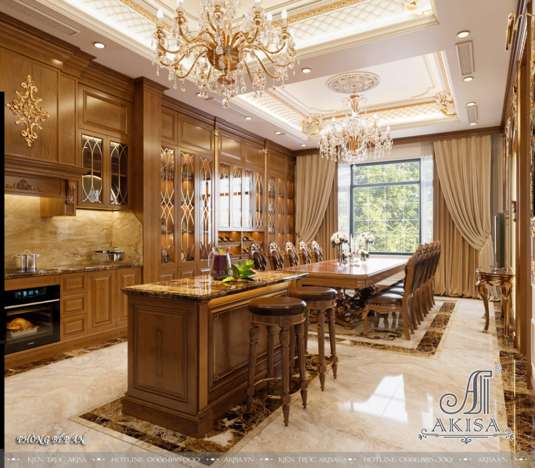 Phòng bếp sang trọng, tiện nghi sử dụng tone nâu của gỗ tự nhiên làm chủ đạo mang đến cảm giác gần gũi, ấm cúng