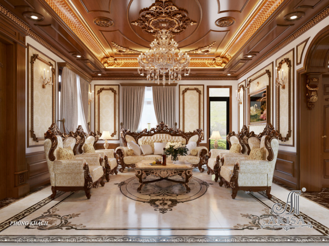 Phòng khách sử dụng tone màu nâu gỗ làm chủ đạo, kết hợp màu be nền nã, sang trọng, đồng thời làm tôn lên vẻ đẹp của những chi tiết trang trí cầu kỳ, tinh xảo