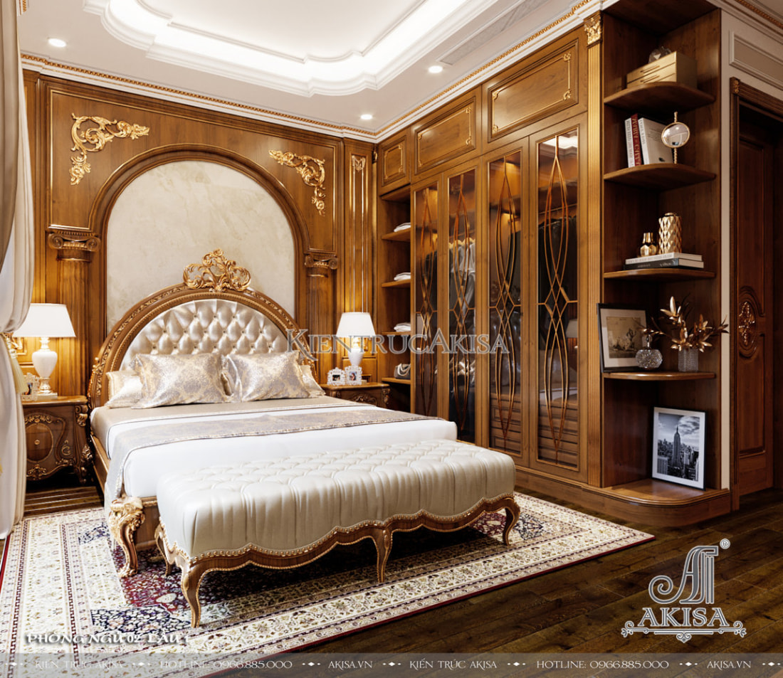 Phòng ngủ sử dụng chất liệu gỗ tự nhiên với những đồ nội thất cơ bản như giường, tủ quần áo, tab đầu giường, thảm trải sàn thêu hoa 