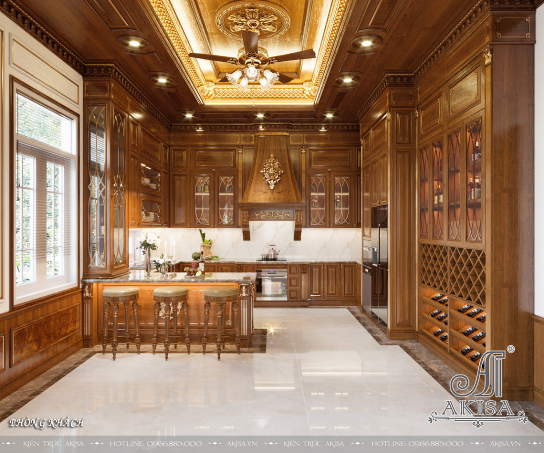 Không gian nội thất phòng bếp phong cách cổ điển sang trọng và tinh tế. 