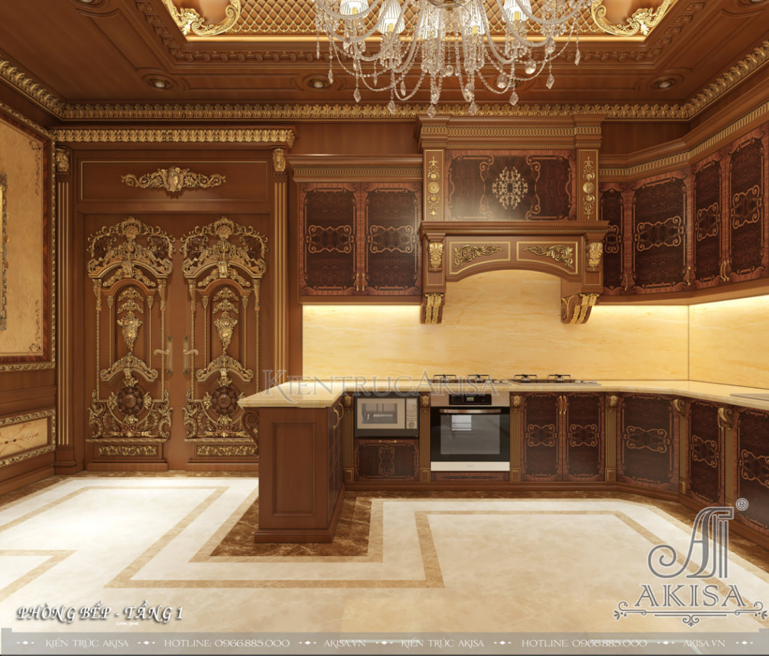 Không gian phòng bếp cổ điển sang trọng với các hoa văn họa tiết dát vàng