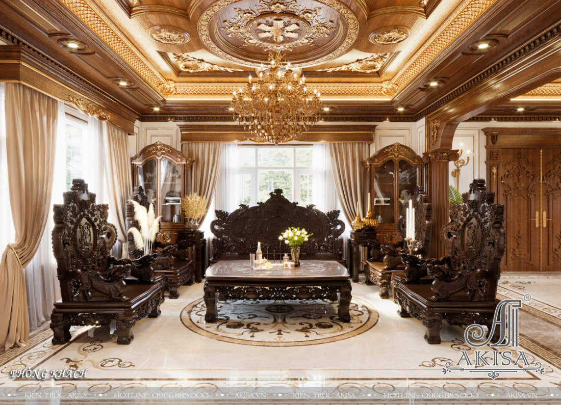Không gian phòng khách cổ điển nổi bật với bộ bàn ghế bằng gỗ tự nhiên chạm trổ cầu kỳ, tinh xảo